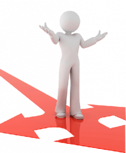 Man standing on directional arrows pointing in three different ways