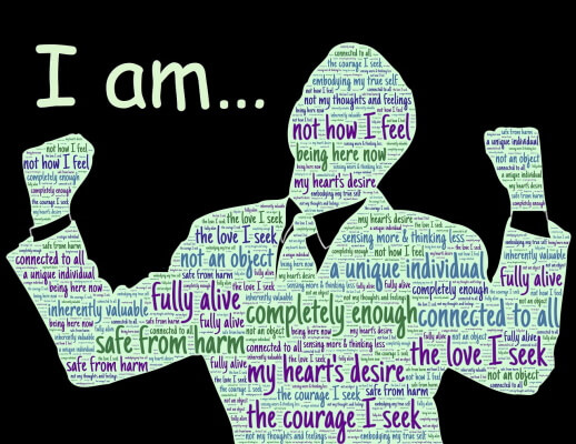 Confident person with arms up in triumphant gesture with words describing various positive qualities