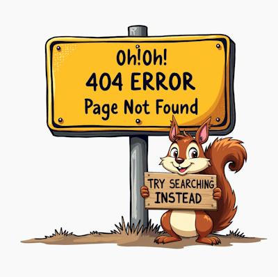 Cartoon style road sign: Oh! Oh! 404 ERROR Page Not Found" with small squirrel holdig a sign: "Try searching instead"